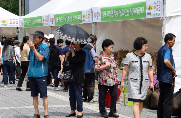 27일 서울 중구 세종대로 서울마당에서 열린 2019 경북의성 농특산물 직거래 장터를 찾은 사람들이 다양한 특산물을 구매하고 있다. 2019.8.27. 도준석 기자 pado@seoul.co.kr