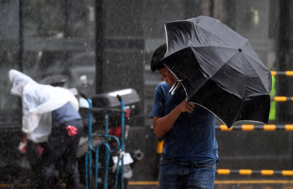 폭우가 내린 29일 서울 종로구 적선현대빌딩에 인근에서 시민들이 우산으로 간신히 비를 막고 있다.2019. 8. 29. 박윤슬 기자 seul@seoul.co.kr