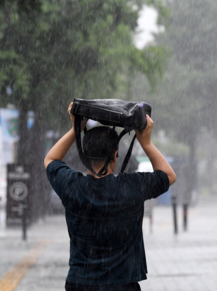 가을을 재촉하는 집중호우가 내린 29일 오전 서울 중구 세종대로를 지나는 사람들이 가방으로 비를 피하고 있다. 2019.8.29. 도준석 기자 pado@seoul.co.kr