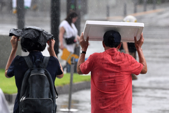 가을을 재촉하는 집중호우가 내린 29일 오전 서울 중구 세종대로를 지나는 사람들이 스티로폼 상자로  비를 피하고 있다. 2019.8.29. 도준석 기자 pado@seoul.co.kr