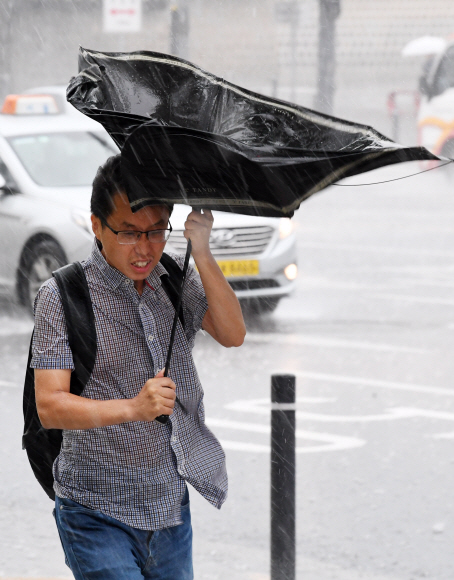 가을을 재촉하는 집중호우가 내린 29일 오전 서울 중구 세종대로를 지나는 사람들이 가방으로 비를 피하고 있다. 2019.8.29. 도준석 기자 pado@seoul.co.kr