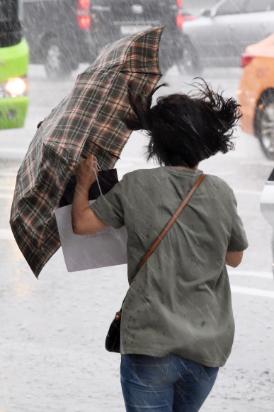 가을을 재촉하는 집중호우가 내린 29일 오전 서울 중구 세종대로를 지나는 사람들이 가방으로 비를 피하고 있다. 2019.8.29. 도준석 기자 pado@seoul.co.kr