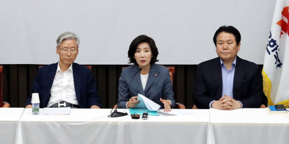 자유한국당 나경원 원내대표가 3일 여의도 국회에서 열린 ‘조국 후보자의 거짓과 선동, 대국민 고발 언론 간담회’에서 발언하고 있다. 왼쪽부터 여상규 법제사법 위원장, 나 원내대표, 정용기 정책위의장. 2019.9.3  연합뉴스
