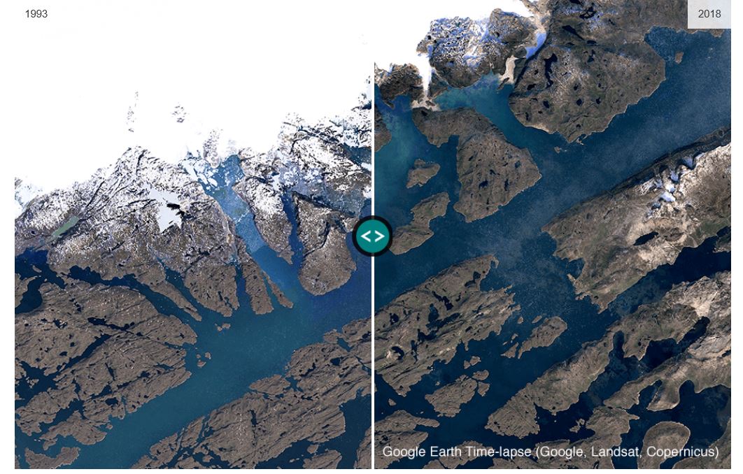 1993년과 지난해 그린란드 남단 콰레라리크(Qaleraliq) 빙하를 비교해보면 현저히 얼음 면적이 줄었음을 알 수 있다. 구글 어스 탭처