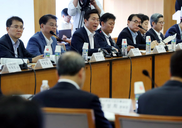 성윤모 산업통상자원부 장관(왼쪽 세번째)이 6일 서울 강남구 트레이드타워에서 열린 ‘제3차 민관합동 무역전략조정회의’에서 발언하고 있다.