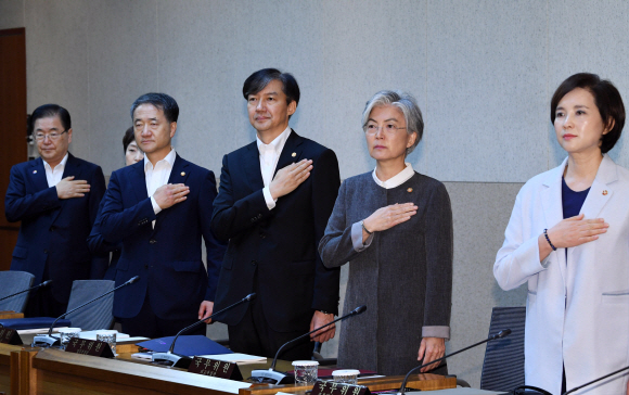 10일 오전 서울 성북구 한국과학기술연구원(KIST)에서 현장 국무회의에서 국무위원들이 국민의례를 하고 있다. 2019. 09.10. 도준석 기자pado@seoul.co.kr