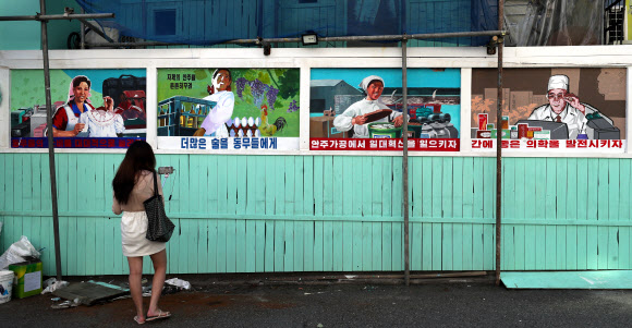 16일 오전 서울 홍대입구역 인근에 개업을 위해 공사 중인 ‘북한식 주점’ 건물 외벽에 부착된 인공기와 김일성 부자 초상화가 철거됐다. 한 시민이 건물 외벽에 북한 이미지를 연상시키는 포스터 등을 살펴보고 있다. 점주는 이 포스터 등에 대해서도 시공업체와 철거를 논의하는 것으로 알려졌다. 2019.9.16 연합뉴스