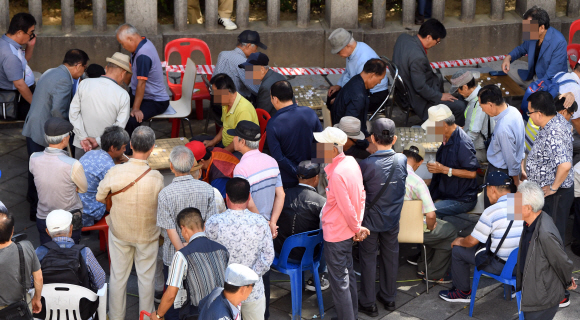 정부가 ‘계속 고용제’ 도입을 검토하기로 밝힌 18일 노인들이 서울 종로 탑골공원에서 장기를 두며 시간을 보내고 있다. 정연호 기자 tpgod@seoul.co.kr