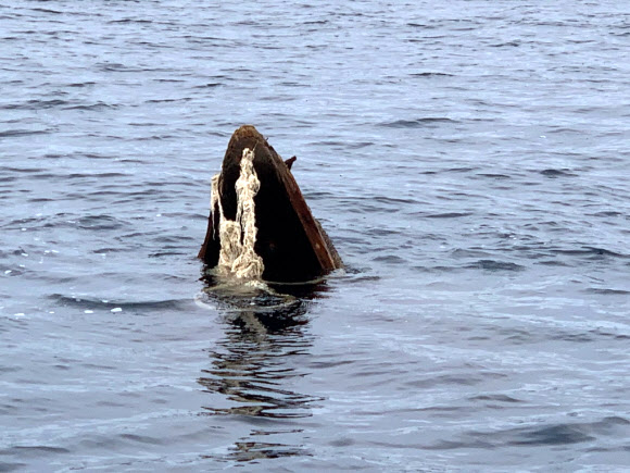 20일 오전 9시께 강원 고성군 죽왕면 문암항 동방 약 2㎞ 해상에서 북한 어선으로 추정되는 목선이 물에 잠긴 채 떠 있는 것을 어민이 발견, 군과 해경이 인양 중이다. 목선의 선수 부분 약 50㎝가 수면 위로 보인다. 2019.9.20  동해지방해양경찰청 제공