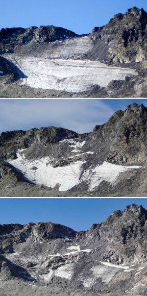2006년 여름(위부터)과  2017년 8월 14일, 지난 4일의 피졸 빙하 사진을 비교하면 아주 빠른 시간에 빙하가 급격히 줄어들었음을 알 수 있다. 스위스 취리히의 ETH 공과대학의 기상학자 마티아스 후스 교수가 촬영한 사진들이다. AFP 연합뉴스