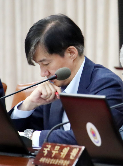 총리 발언 경청하는 조국 법무부 장관