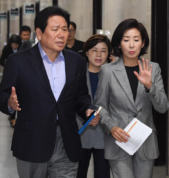 자유한국당 나경원 원내대표가 25일 오전 국회에서 열린 원내대표-중진의원 회의에 참석하고  있다. 2019.9.25. 김명국선임기자 daunso@seoul.co.kr