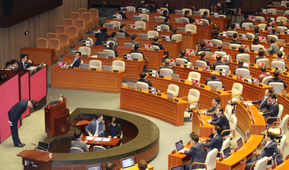 26일 오후 국회 본회의장에서 조국 법무부 장관이 신임 국무위원 인사를 하자 자유한국당 의원들이 뒤돌아 앉고 있다. 2019. 9. 26 정연호 기자 tpgod@seoul.co.kr