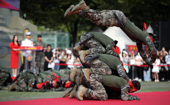 28일 오후 서울광장에서 열린 제69주년 서울수복 기념행사에서 해병대의 무적도 시범이 열리고 있다. 2019.9.28  연합뉴스