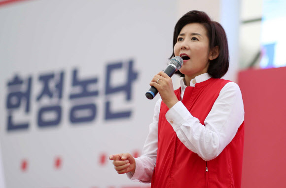 자유한국당 나경원 원내대표가 28일 오후 경남 창원시 의창구 두대동 창원 만남의 광장에서 열린 ‘자유한국당 경남도당 조국 파면 촉구 경남대회’에서 구호를 외치고 있다. 2019.9.28  연합뉴스