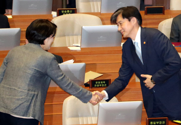 조국 법무부 장관이 1일 오후 국회 본회의장에서 열린 교육·사회·문화 분야 대정부질문에서 참석자들과 인사하고 있다. 2019.10.1  연합뉴스