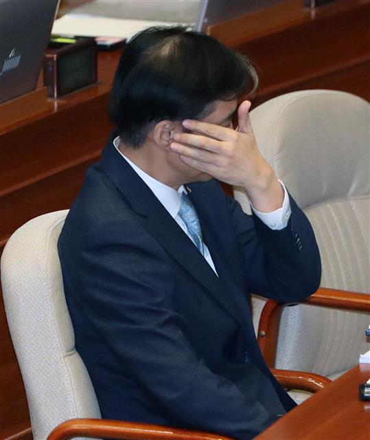 조국 법무부장관이 1일 서울 여의도 국회 본회의장에서 열린 제371회국회(정기회) 제5차 본회의에 출석해 머리를 어루만지고 있다. 2019.10.1 뉴스1