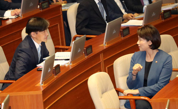 유은혜 사회부총리 겸 교육부 장관과 조국 법무부 장관이 1일 오후 국회 본회의장에서 출석, 이야기하고 있다. 2019.10.1  연합뉴스