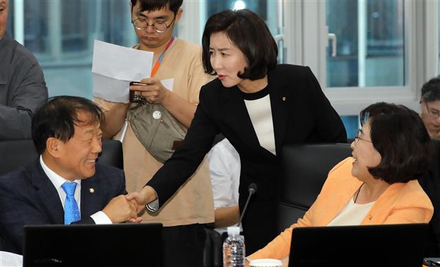 [국감] 여당 의원들과 인사나누는 나경원