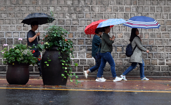 비가 내린 7일 서울 정동길에서 시민들이 우산을 쓰고 걷고 있다.  2019. 10. 7. 박윤슬 기자 seul@seoul.co.kr