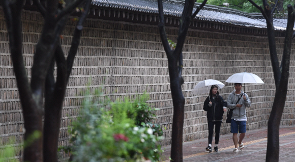 비가 내린 7일 서울 정동길에서 시민들이 우산을 쓰고 걷고 있다.  2019. 10. 7. 박윤슬 기자 seul@seoul.co.kr