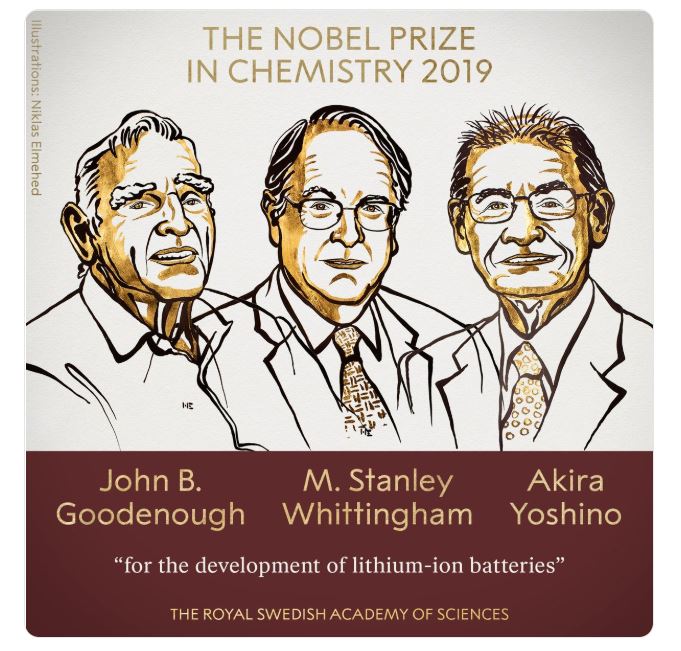 올해 노벨화학상에 미국의 존 구디너프와 영국의 스탠리 휘팅엄, 일본의 요시노 아키라 등 3명의 화학자가 공동 수상했다. 출처: 노벨상 홈페이지