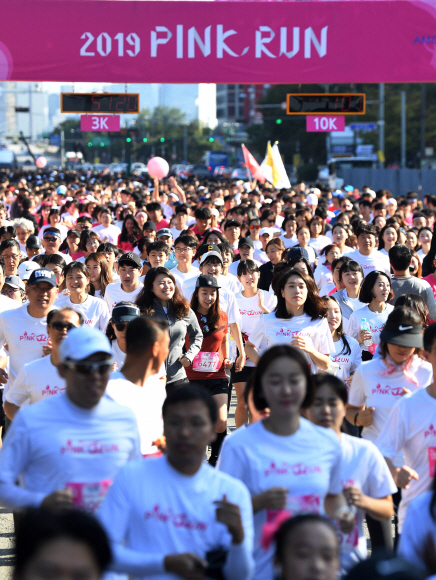 13일 서울 영등포구 여의도공원에서 (재)한국유방건강재단이 주최하고 (주)아모레퍼시픽 주관으로 개최된 ‘2019 핑크런 마라톤대회’에서 환우와 함께 참가한 가수 션을 비롯한 참가자들이 힘차게 출발하고 있다. 2019.10.13 KPPA 제공