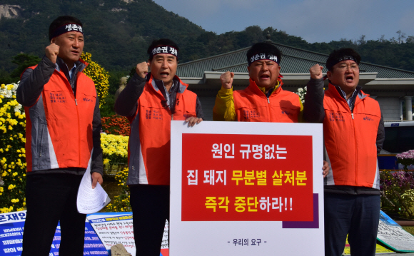 14일 청와대 앞에서 한돈자조금관리위원회 하태식 위원장(왼쪽 두번째)과 회원들이 ‘무분별한 살처분 중단과 야생멧돼지 특단대책 마련‘을 촉구하는 시위를 하고 있다. 2019.10.14.    이종원 선임기자 jongwon@seoul.co.kr