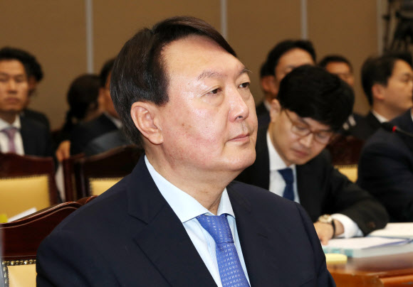 윤석열 검찰총장(왼쪽)과 한동훈 반부패 강력부장이 17일 서울 서초구 대검찰청에서 열린 국회 법제사법위원회의 대검찰청에 대한 국정감사에 참석, 시작을 기다리고 있다. 2019.10.17  연합뉴스