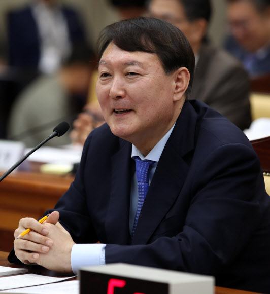 윤석열 검찰총장이 17일 서울 서초구 대검찰청에서 열린 국회 법제사법위원회의 대검찰청에 대한 국정감사에서 의원들 질문 답변 중 미소 짓고 있다. 2019.10.17  연합뉴스