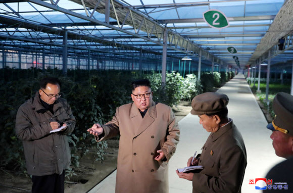 김정은 북한 국무위원장이 함경북도 경성군의 중평남새온실농장과 양묘장 건설장을 시찰했다고 조선중앙통신이 18일 보도했다. 중앙통신이 홈페이지에 공개한 사진. 2019.10.18  연합뉴스