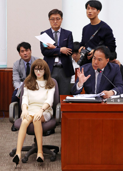 18일 오전 국회에서 열린 산업통상자원중소벤처기업위원회의 산업통상자원부 등의 종합국정감사에서 무소속 이용주 의원이 성인용품인 리얼돌을 보여주며 질의를 하고 있다. 2019.10.18  연합뉴스