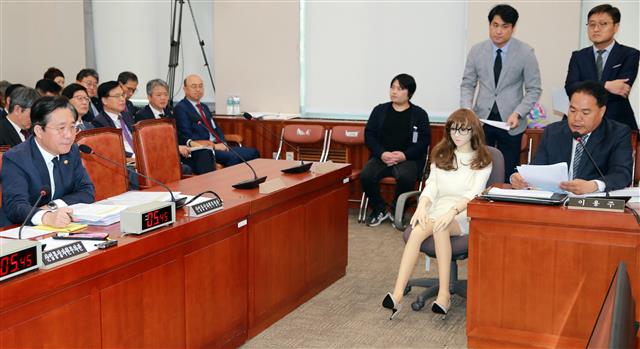 이용주 무소속 의원이 18일 서울 여의도 국회에서 열린 산업통상자원중소벤처기업위원회의 산업통상자원부에 대한 국정감사에서 성인용품인 리얼돌을을 보여주며 질의하고 있다. 이용주 의원은 ‘세관에서 리얼돌의 수입은 막고 있지만, 국내생산 업체가 45곳이나 된다’고 주장했다. 2019.10.18 뉴스1
