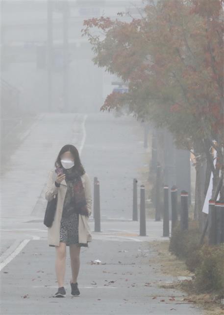 서쪽지방을 중심으로 미세먼지 농도가 높아진 21일 세종시 정부세종청사에서 시민들이 미세먼지와 안개가 섞여 뿌옇게 변한 아침을 맞고 있다. 2019.10.21 뉴스1