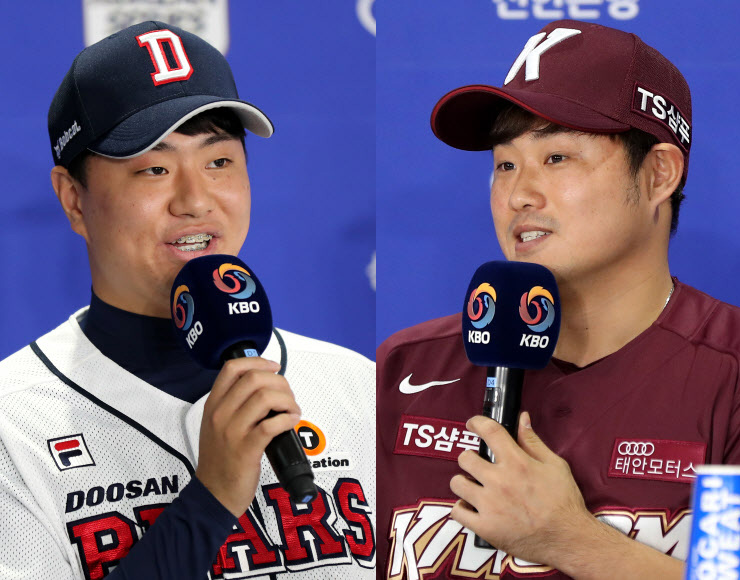이영하(왼쪽)와 이지영이 21일 서울 잠실구장에서 열린 한국시리즈 미디어데이에서 발언하고 있다. 연합뉴스