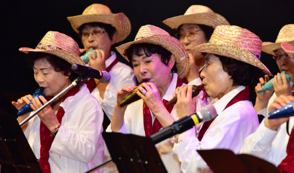 24일 서울 강서구 KBS스포츠월드 아레나에서 열린 ‘2019 어르신 생활체육 경연대회’에 기관별로 참가한 어르신들이 갈고 닦은 기량을 뽐내고 있다. 2019.10.24    이종원 선임기자 jongwon@seoul.co.kr