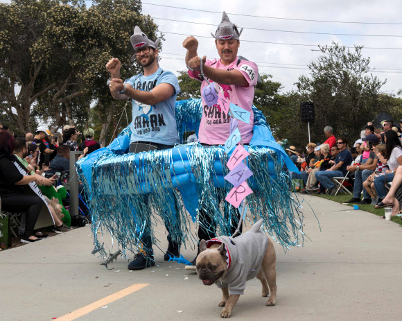 반려견이 27일(현지시간) 미국 캘리포니아 롱 비치에서 열리는 ‘핼러윈 도그 퍼레이드(Haute Dog Howl’oween Parade)’에 참여하고 있다. AFP 연합뉴스