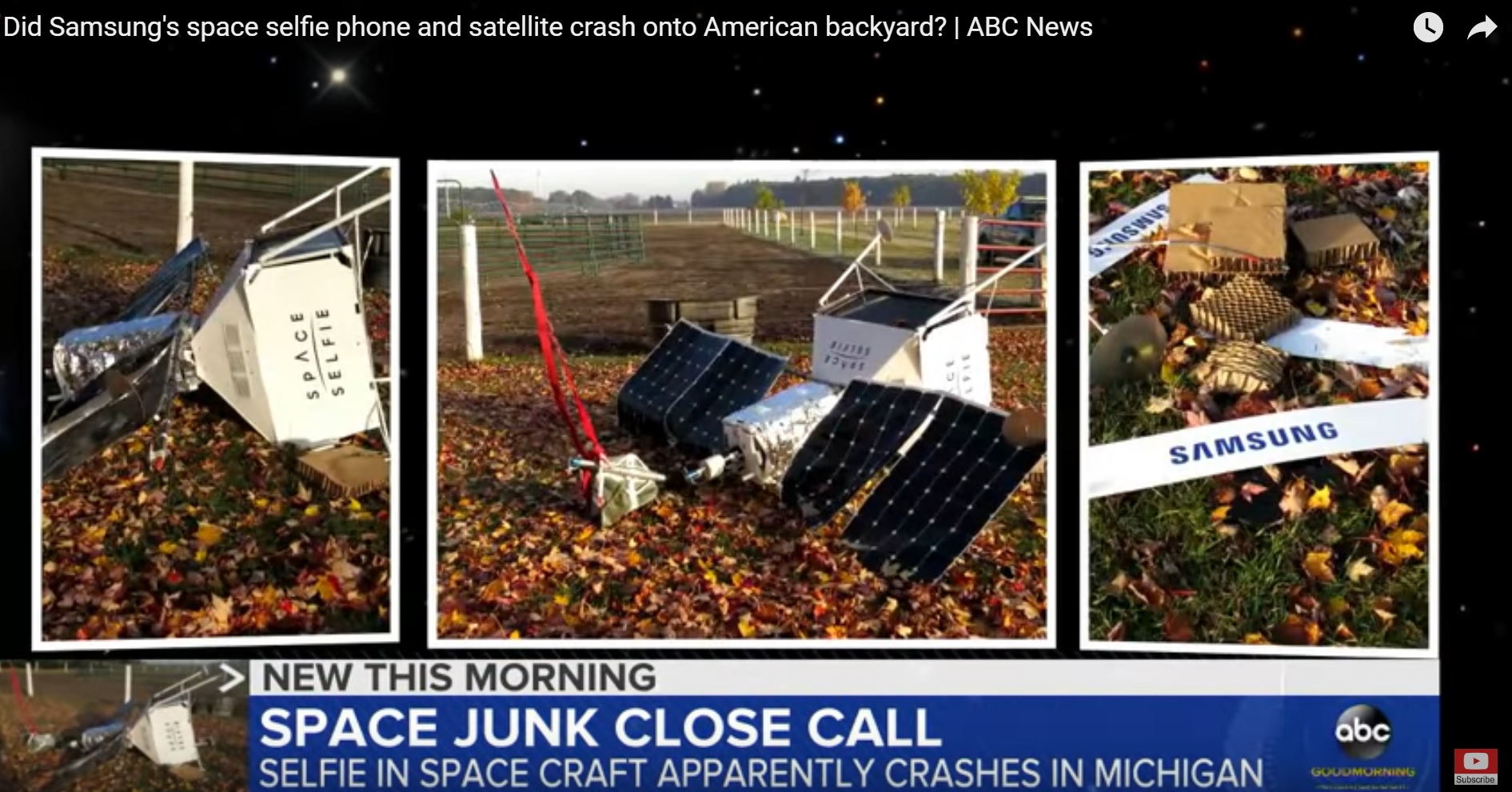 삼성전자의 스페이스 셀피 장비가 미국 미시건주의 한 민가에 떨어진 모습. 미 ABC뉴스 제공