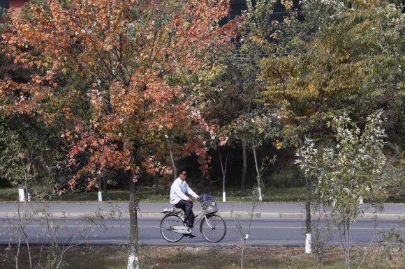 2019년 10월 19일 단풍이 물들어가는 평양 시내에서 한 시민이 자전거를 타고 있다. 2019. 10.29. 사진공동취재단