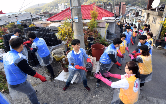 고려아연 임직원들과 대한적십자사 서울특별지사 봉사단원들이 29일 서울 노원구 희망촌에서 연탄 나눔 봉사를 하고 있다.고려아연은 이번 봉사에서 연탄 12,000장과 백미 600kg을 상계 3?동 취약계층 60세대에 전달했다. 2019. 10. 29. 박윤슬 기자 seul@seoul.co.kr