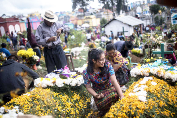 여성들이 1일(현지시간) 과테말라 섬팡고에서 열린 ‘죽은자의 날’ 동안 가족의 무덤을 꽃으로 꾸미고 있다. AP 연합뉴스