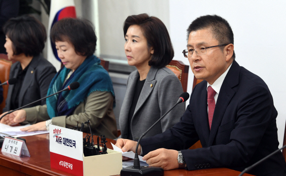 6일 서울 여의도 국회에서 자유한국당 황교안 대표가 최고위원-중진의원 연석회의에 참석해 모두발언을 하고  있다. 2019. 11. 6 정연호 기자 tpgod@seoul.co.kr