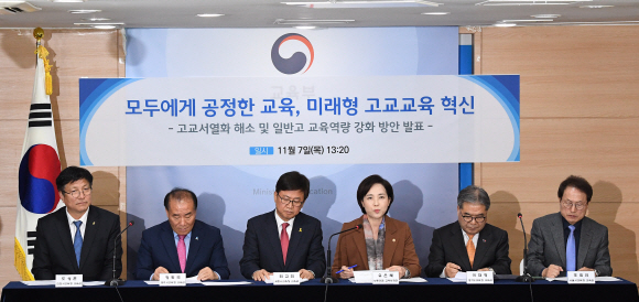 유은혜 사회부총리 겸 교육부장관과 교육감들이 7일 정부서울청사에서 자율형사립고, 특수목적고 폐지 등 고교서열화 해소 및 일반고 교육역량 강화 방안을 발표하고 있다. 2019.11.7 오장환 기자 5zzang@seoul.co.kr