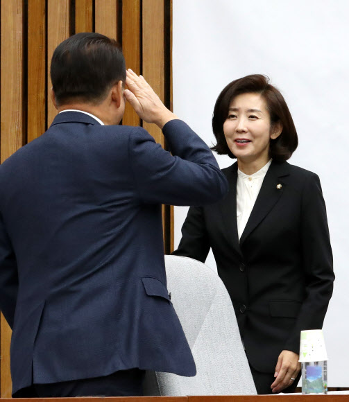 거수경례에 미소짓는 나경원