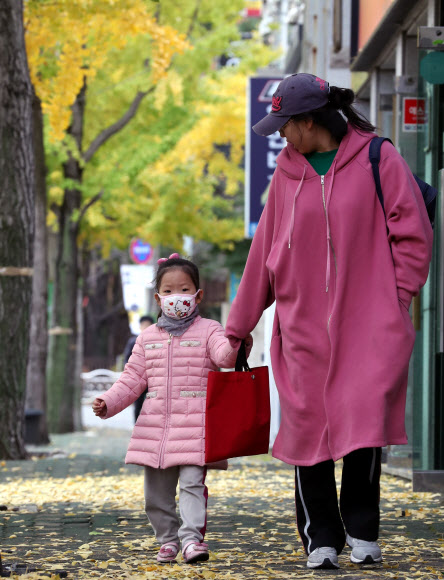 강한 바람이 분 18일 오전 부산 연제구 거제동 거리에서 두꺼운 외투를 입은 어린이와 학부모가 손을 잡고 발걸음을 재촉하고 있다. 2019.11.18  연합뉴스