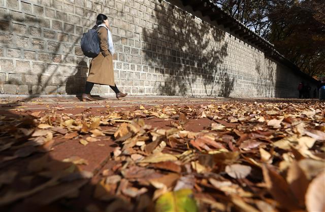 오후부터 찬 공기가 유입되면서 내륙을 중심으로 한파주의보가 내려질 가운데 18일 서울 중국 덕수궁 인근에서 시민들이 발걸음을 재촉하고 있다. 기상청은 이날 “저기압을 따라 북서쪽에서 차고 건조한 공기가 남하하면서 중부내륙을 중심으로 내일 아침기온이 오늘보다 10도 이상 떨어질 것으로 예상한다” 밝혔다. 2019.11.18 뉴스1