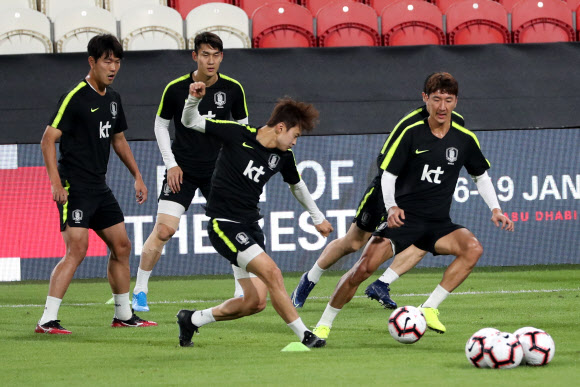 남미 최강 브라질 대표팀과의 친선 경기를 치르는 축구대표팀의 김진수, 정우영 등 선수들이 18일(한국시간) 아랍에미리트(UAE) 아부다비의 모하메드 빈 자예드 스타디움에서 진행된 최종 훈련에서 패스게임을 하며 몸을 풀고 있다. 2019.11.19  연합뉴스