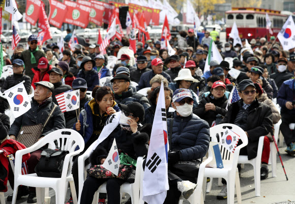 23일 오후 서울 종로구 동화면세점 앞에서 열린 대한민국 공산화 저지 운동 집회에서 일파만파 회원들이 참석해 있다. 2019.11.23  연합뉴스