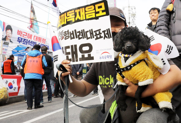 23일 경기도 의정부역 앞 도로에서 열린 제156차 태극기 집회에서 애완견을 데리고 온 한 참가자가 피켓과 태극기를 흔들고 있다. 2019.11.23  연합뉴스
