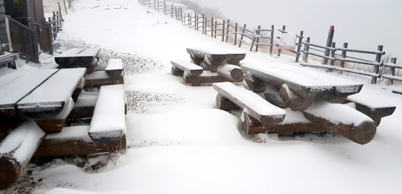 눈 쌓인 설악산 중청대피소